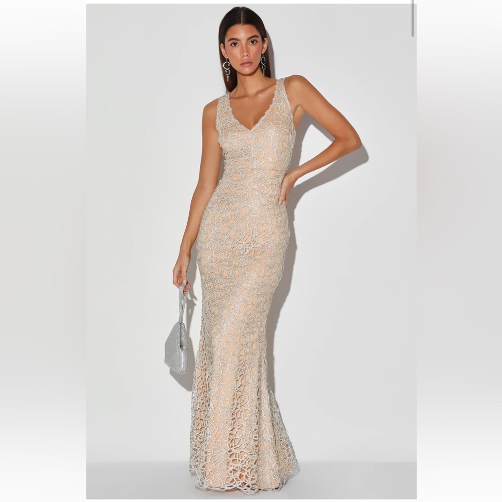 Size small Moonlit Romance Beige Metallic Lurex Lace Mermaid Maxi Dress - Lulu’s